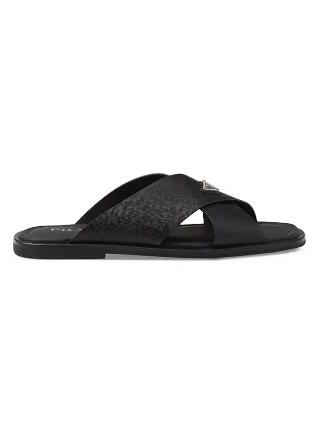 Prada Men's Saffiano Leather Crisscross Slides - Black