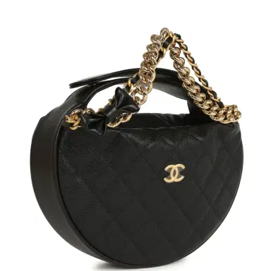 Chanel Chanel Mini Round Hobo Pouch Bag Black Shiny Caviar Mixed Metal Hardware | Thumbnail 2