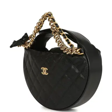 Chanel Chanel Mini Round Hobo Pouch Bag Black Shiny Caviar Mixed Metal Hardware | Thumbnail 3