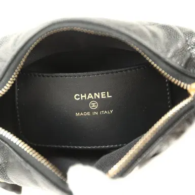 Chanel Chanel Mini Round Hobo Pouch Bag Black Shiny Caviar Mixed Metal Hardware | Thumbnail 9
