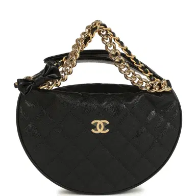 Chanel Chanel Mini Round Hobo Pouch Bag Black Shiny Caviar Mixed Metal Hardware | Thumbnail 1