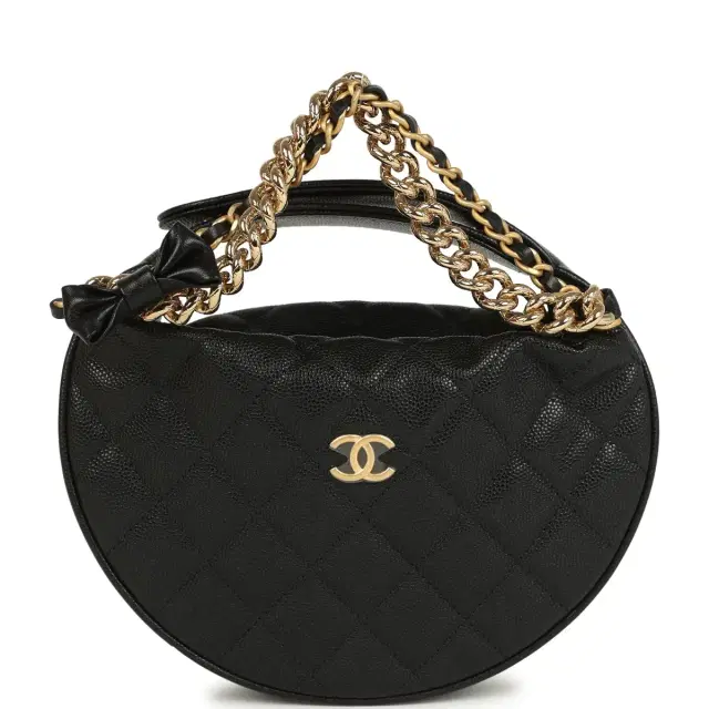 Chanel Chanel Mini Round Hobo Pouch Bag Black Shiny Caviar Mixed Metal Hardware
