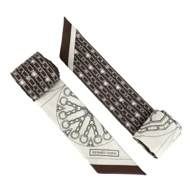 HERMÈS Hermes "L'Effet Kaleidoscope" Blanc, Anthracite and Marron Multi Silk Twilly Pair | Thumbnail 3