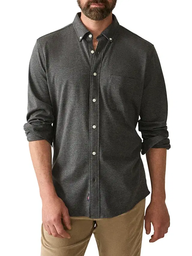 Faherty Brand Men's Coastline Knit Button-Down Shirt - Charcoal Heather Twill
