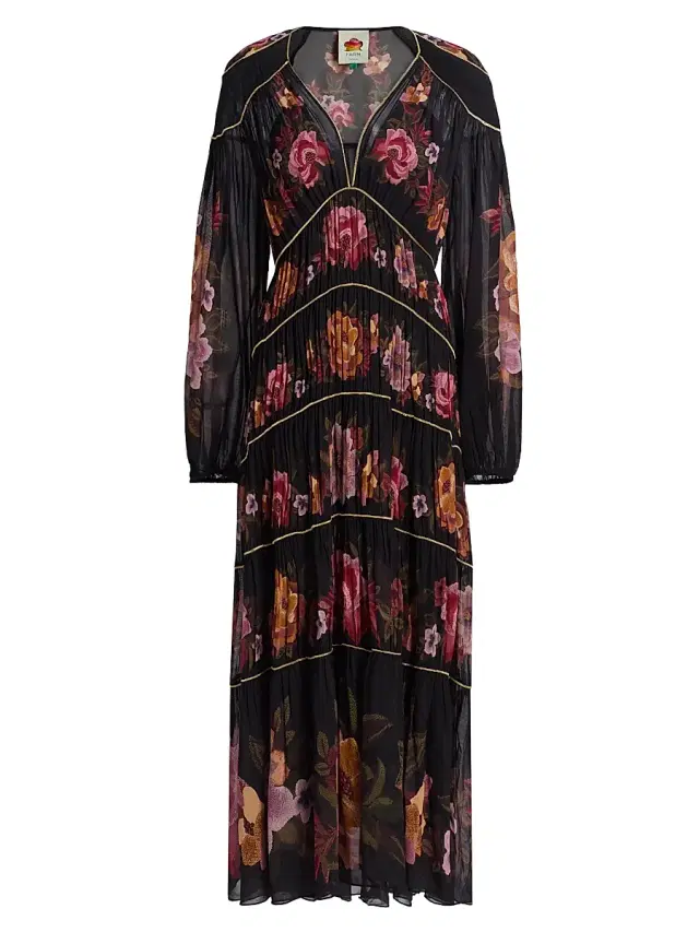 Farm Rio Women's Chenille Flowers Floral V-Neck Maxi Dress - Black