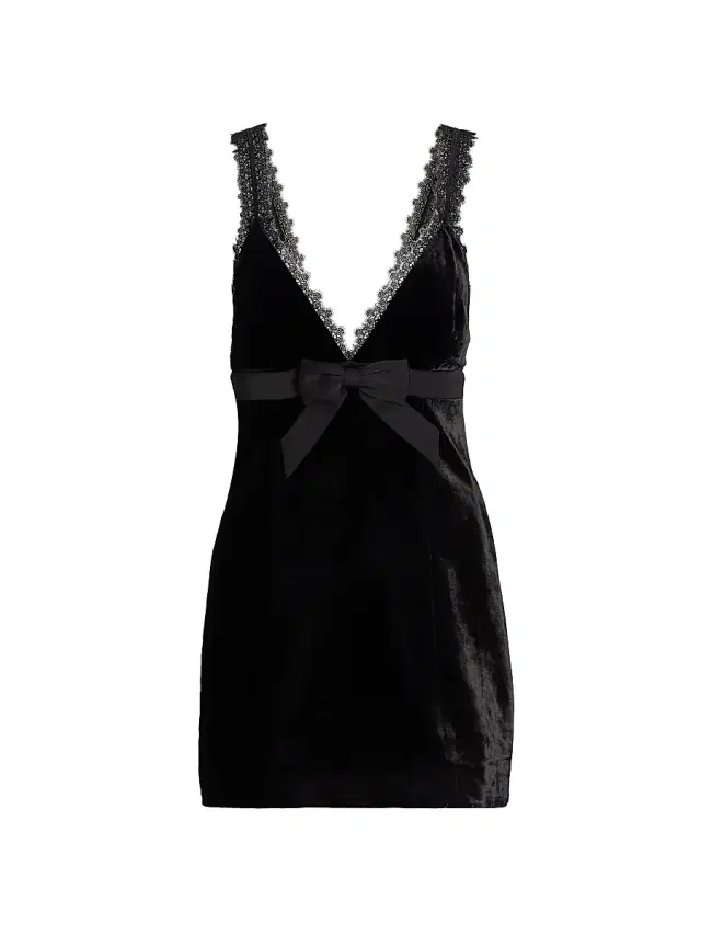 Ronny Kobo Women's Emmi Lace-Trim Bow Velvet Minidress - Black