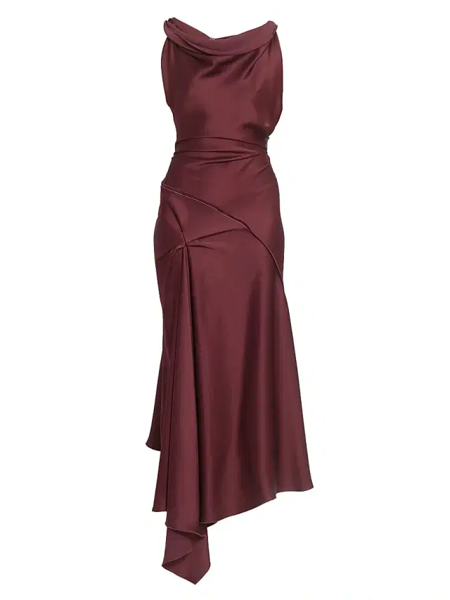 Women's Satin Asymmetric Draped Midi-Dress - Cinnabar Red