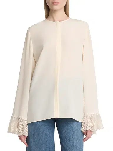 Chloé Women's Floral Lace-Trim Silk Round-Neck Blouse - Coconut | Thumbnail 3