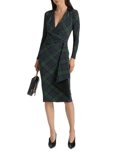 Chiara Boni La Petite Robe Women's Nevena Plaid Draped Surplice Midi-Dress - Holiday Tartan Green Nero | Thumbnail 3 Chiara Boni La Petite Robe Women's Nevena Plaid Draped Surplice Midi-Dress - Holiday Tartan Green Nero | Thumbnail 3