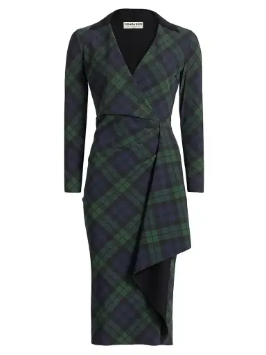 Chiara Boni La Petite Robe Women's Nevena Plaid Draped Surplice Midi-Dress - Holiday Tartan Green Nero | Thumbnail 1 Chiara Boni La Petite Robe Women's Nevena Plaid Draped Surplice Midi-Dress - Holiday Tartan Green Nero | Thumbnail 1