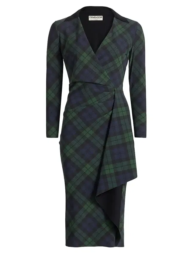 Chiara Boni La Petite Robe Women's Nevena Plaid Draped Surplice Midi-Dress - Holiday Tartan Green Nero