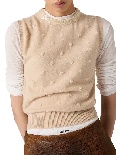 Miu Miu Women's Embroidered Cashmere Vest - Beige - Size 6 | Thumbnail 2 Miu Miu Women's Embroidered Cashmere Vest - Beige - Size 6 | Thumbnail 2
