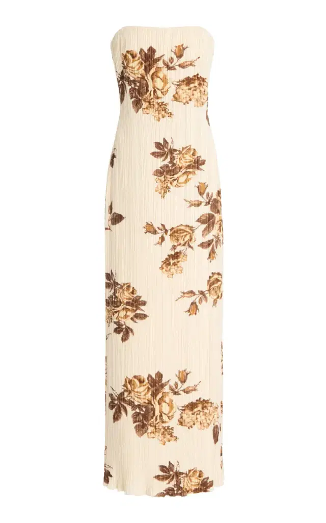 Strapless Floral Plissé Midi Dress
