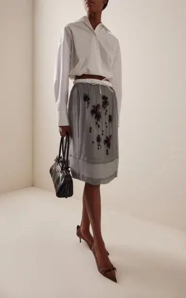 Prada Embroidered Silk-Chiffon Midi Drawstring Skirt | Thumbnail 2
