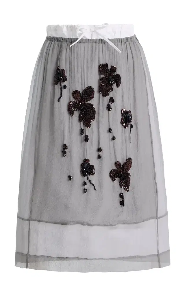 Prada Embroidered Silk-Chiffon Midi Drawstring Skirt
