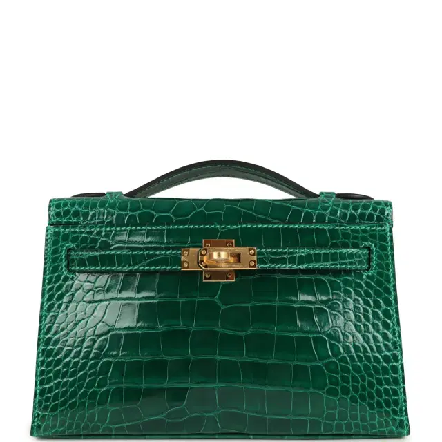 hermes Hermes Kelly Pochette Vert Emeraude Shiny Alligator Mississippiensis Gold Hardware