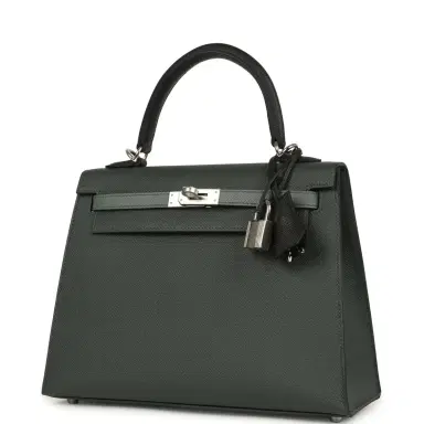 HERMÈS Hermes Kelly Sellier 25 Tri-Color Black, Vert Amande and Vert Mangrove Epsom Palladium Hardware | Thumbnail 5 HERMÈS Hermes Kelly Sellier 25 Tri-Color Black, Vert Amande and Vert Mangrove Epsom Palladium Hardware | Thumbnail 5