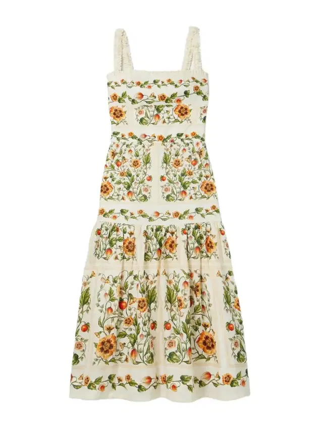Nispero Tiered Embroidered Printed Linen Midi Dress