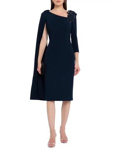 Teri Jon by Rickie Freeman Women's Cape-Sleeve Crepe Asymmetric Knee-Length Dress | Thumbnail 2 Teri Jon by Rickie Freeman Women's Cape-Sleeve Crepe Asymmetric Knee-Length Dress | Thumbnail 2