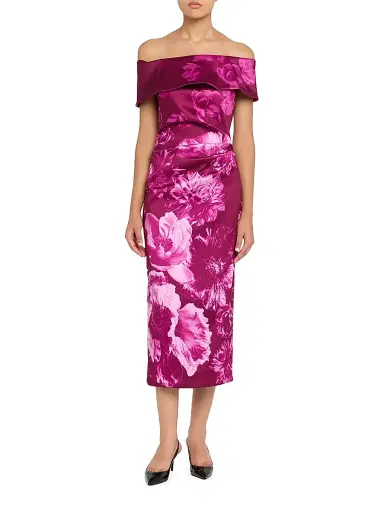 Teri Jon by Rickie Freeman Women's Ruched Floral Off-The-Shoulder Midi-Dress - Dark Pink | Thumbnail 2