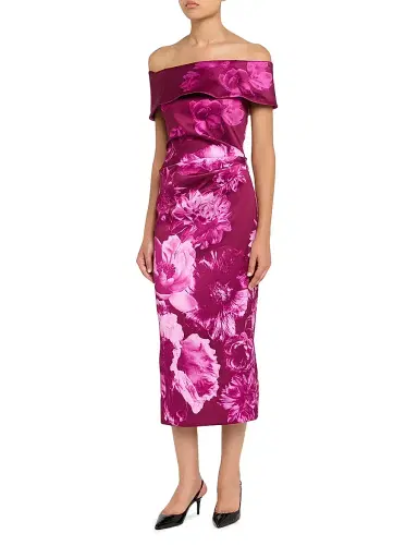 Teri Jon by Rickie Freeman Women's Ruched Floral Off-The-Shoulder Midi-Dress - Dark Pink | Thumbnail 3