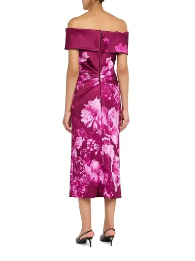 Teri Jon by Rickie Freeman Women's Ruched Floral Off-The-Shoulder Midi-Dress - Dark Pink | Thumbnail 4