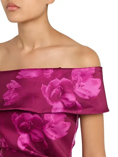 Teri Jon by Rickie Freeman Women's Ruched Floral Off-The-Shoulder Midi-Dress - Dark Pink | Thumbnail 5