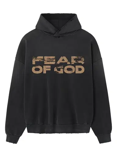 Fear of God Men's Logo Distressed Cotton Hoodie - Black | Thumbnail 1 Fear of God Men's Logo Distressed Cotton Hoodie - Black | Thumbnail 1