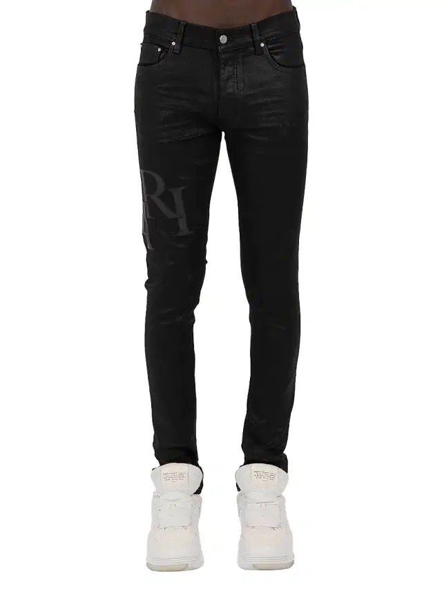 Men's Staggered Logo Waxed Skinny Jeans - Black Wax