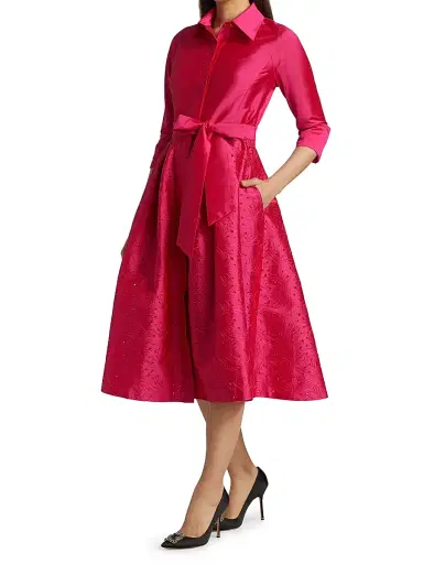 Teri Jon by Rickie Freeman Women's Taffeta Laser Cut Shirtdress - Hot Pink - Size 16 | Thumbnail 2