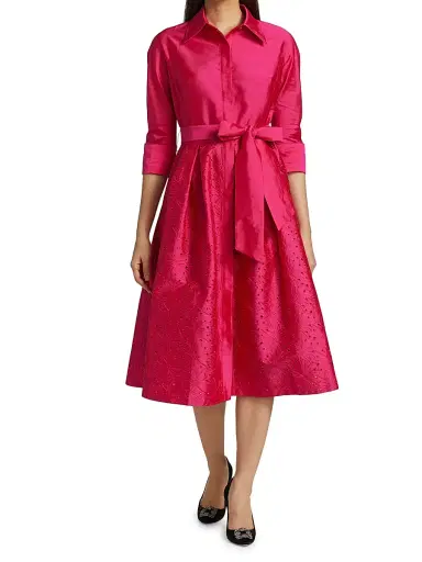 Teri Jon by Rickie Freeman Women's Taffeta Laser Cut Shirtdress - Hot Pink - Size 16 | Thumbnail 3