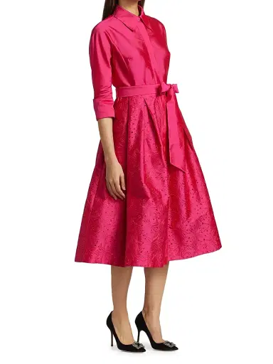 Teri Jon by Rickie Freeman Women's Taffeta Laser Cut Shirtdress - Hot Pink - Size 16 | Thumbnail 4