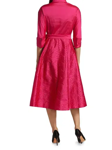 Teri Jon by Rickie Freeman Women's Taffeta Laser Cut Shirtdress - Hot Pink - Size 16 | Thumbnail 5