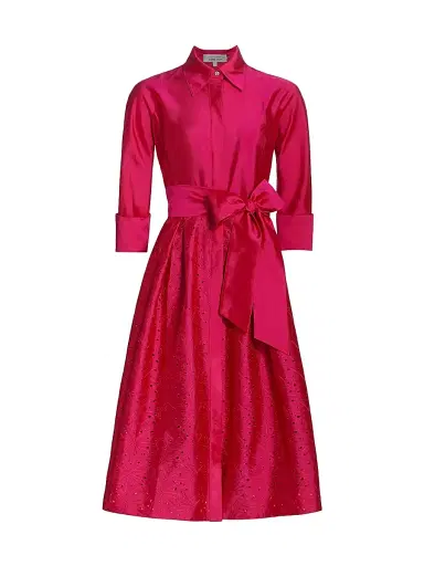 Teri Jon by Rickie Freeman Women's Taffeta Laser Cut Shirtdress - Hot Pink - Size 16 | Thumbnail 1