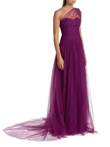 PAMELLA ROLAND Women's Embellished Tulle One-Shoulder Gown - Magenta | Thumbnail 4 PAMELLA ROLAND Women's Embellished Tulle One-Shoulder Gown - Magenta | Thumbnail 4