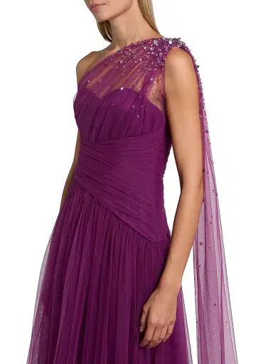 PAMELLA ROLAND Women's Embellished Tulle One-Shoulder Gown - Magenta | Thumbnail 6 PAMELLA ROLAND Women's Embellished Tulle One-Shoulder Gown - Magenta | Thumbnail 6