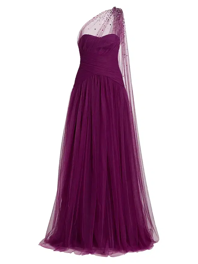 Women's Embellished Tulle One-Shoulder Gown - Magenta