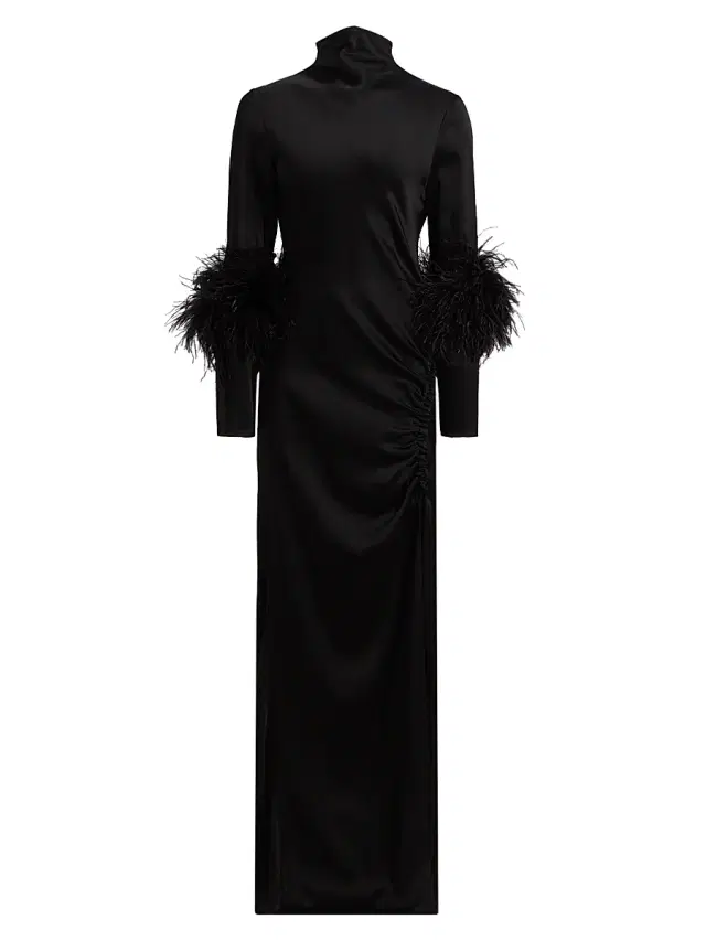 Women's Feather-Trim Satin Gown - Black