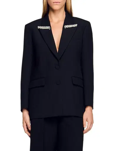 Sandro Women's Jacket with Rhinestone Collar - Black | Thumbnail 3
