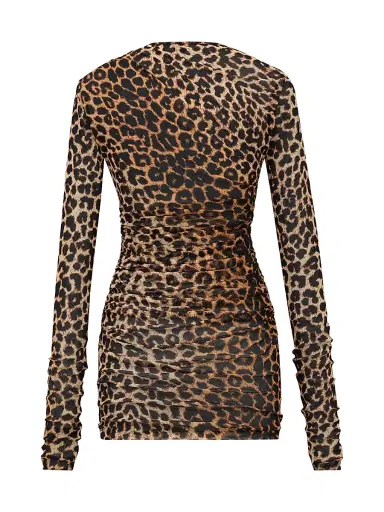 Saint Laurent Women's Ruched Mini Dress in Leopard Tulle Jersey | Thumbnail 2 Saint Laurent Women's Ruched Mini Dress in Leopard Tulle Jersey | Thumbnail 2
