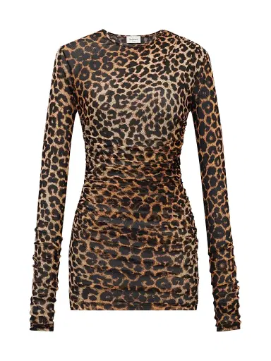 Saint Laurent Women's Ruched Mini Dress in Leopard Tulle Jersey | Thumbnail 1 Saint Laurent Women's Ruched Mini Dress in Leopard Tulle Jersey | Thumbnail 1