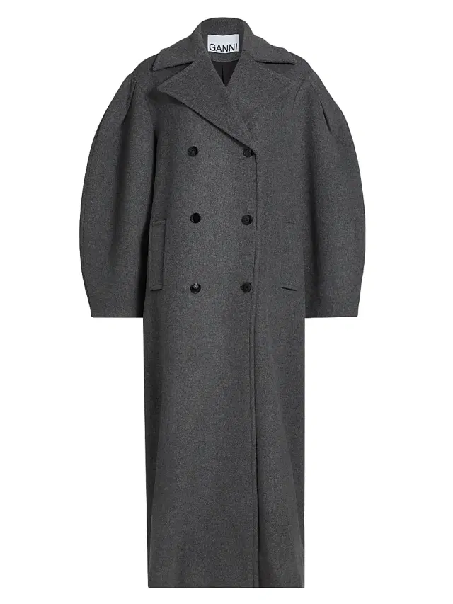 Ganni Women's Wool-Blend Double-Breasted Trench Coat - Pewter Melange