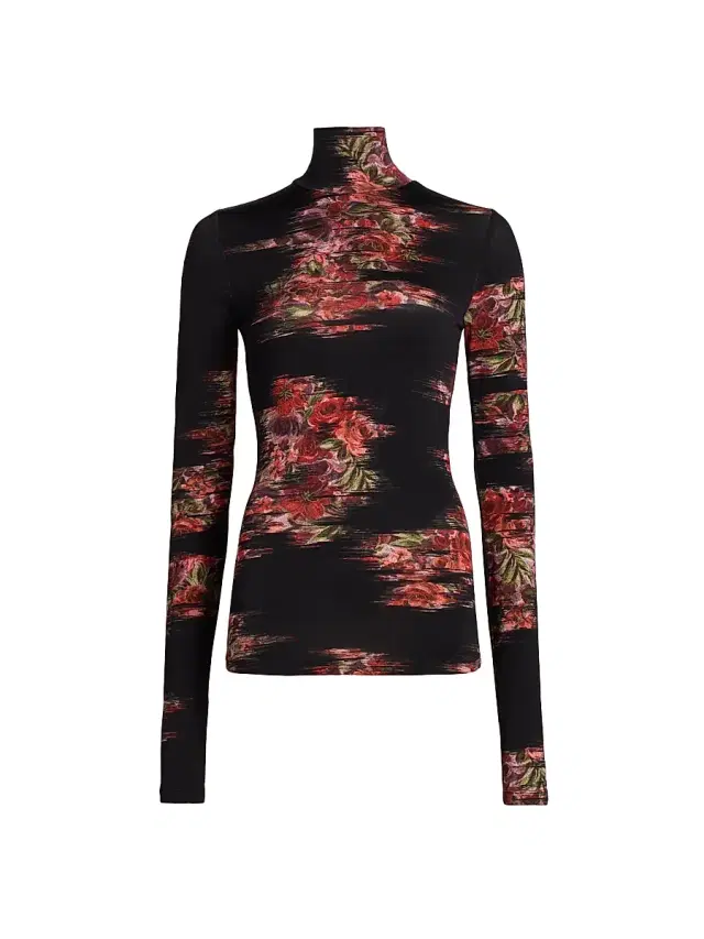 Ganni Women's Floral Stretch Jersey Turtleneck Top - Black