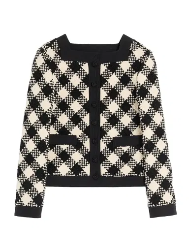 Valentino Garavani Women's Damier Tweed Jacket - Butter Black - Size 10 | Thumbnail 1