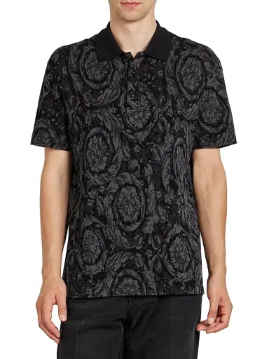 Versace Men's Barocco Piqué Polo - Medium Grey - Size Small | Thumbnail 3