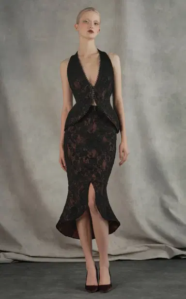 RASARIO Asymmetric Lace & Satin Midi Skirt | Thumbnail 2 RASARIO Asymmetric Lace & Satin Midi Skirt | Thumbnail 2