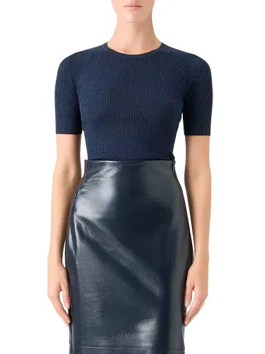 Akris Women's Rib-Knit Silk-Blend Short-Sleeve Sweater - Navy - Size 12 | Thumbnail 3