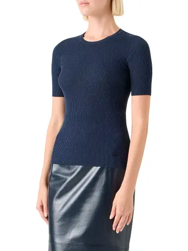 Akris Women's Rib-Knit Silk-Blend Short-Sleeve Sweater - Navy - Size 12 | Thumbnail 4