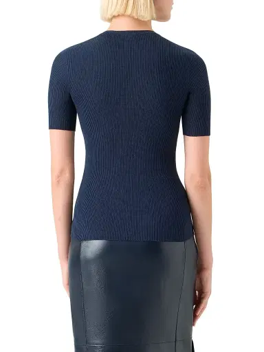 Akris Women's Rib-Knit Silk-Blend Short-Sleeve Sweater - Navy - Size 12 | Thumbnail 5