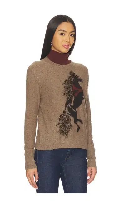 Autumn Cashmere Intarsia Horse Crew Sweater With Fringe | Thumbnail 2